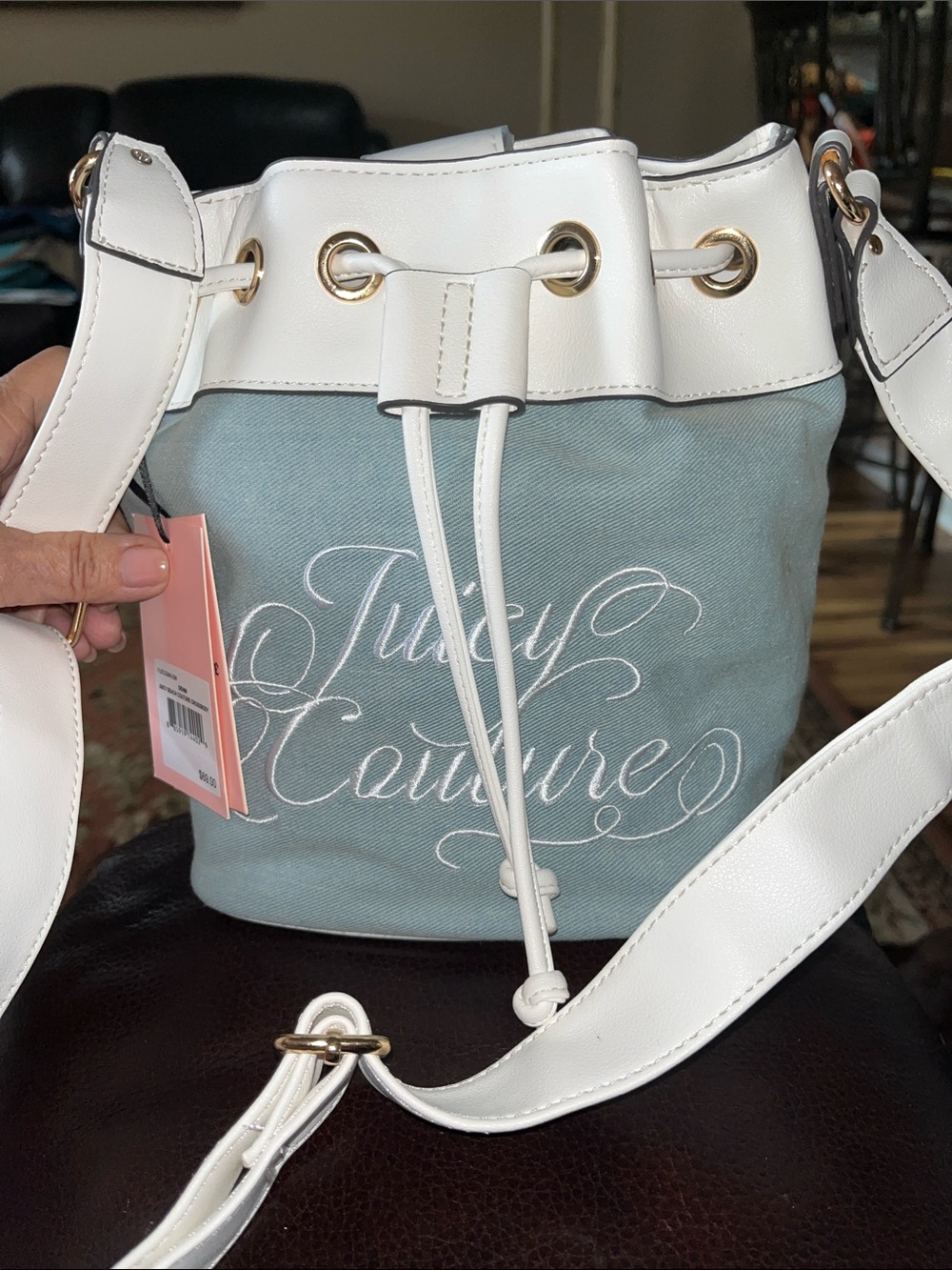 Juicy Couture Light Blue Canvas Bucket Crossbody with White Trim